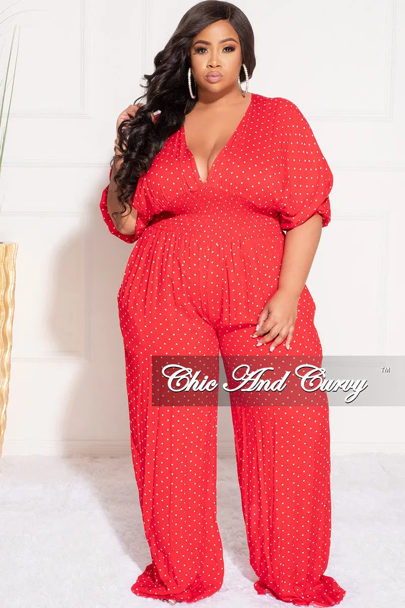Final Sale Plus Size Deep V Jumpsuit in Red and White Polka Dot Layered Comfort