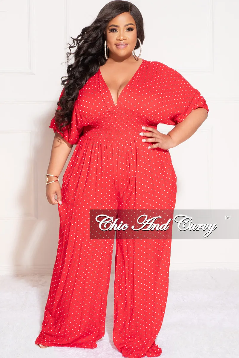 Final Sale Plus Size Deep V Jumpsuit in Red and White Polka Dot TaglessComfort Side zipper