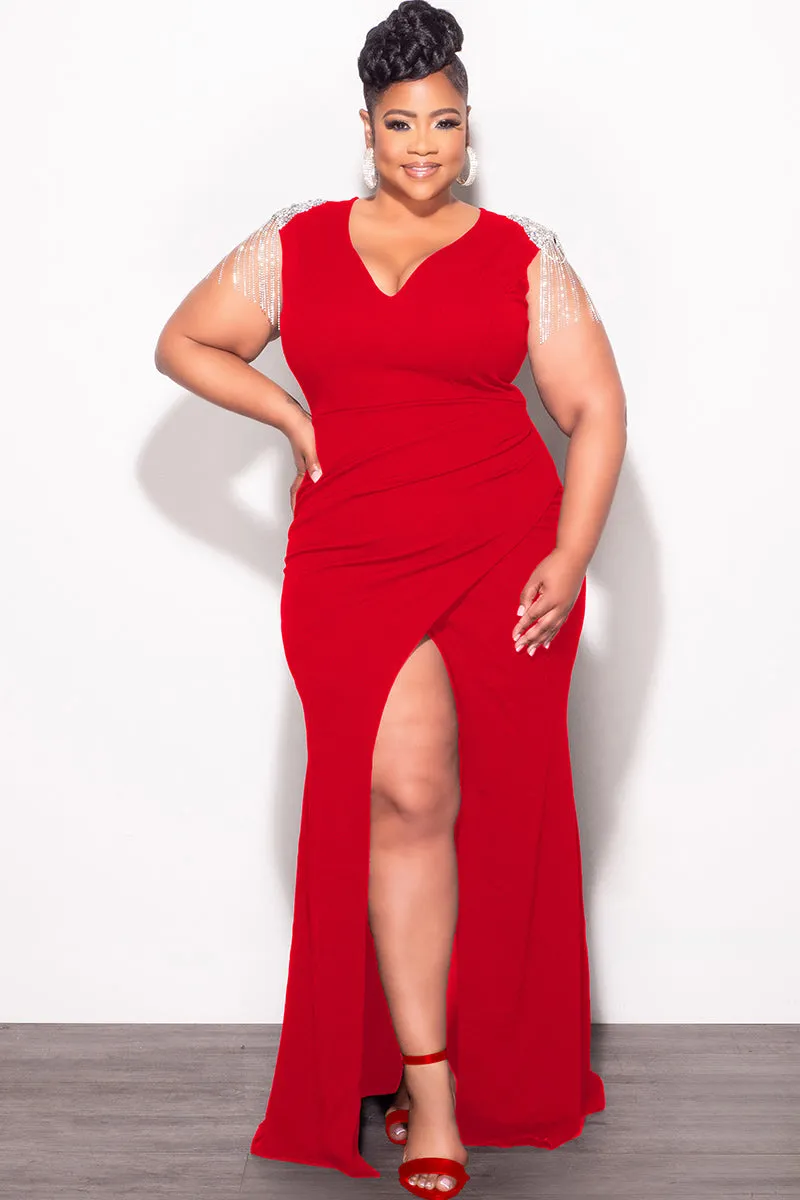 relaxed shape Final Sale Plus Size Deep V Rhinestone Fringe Shoulder With Maxi Dress in Red