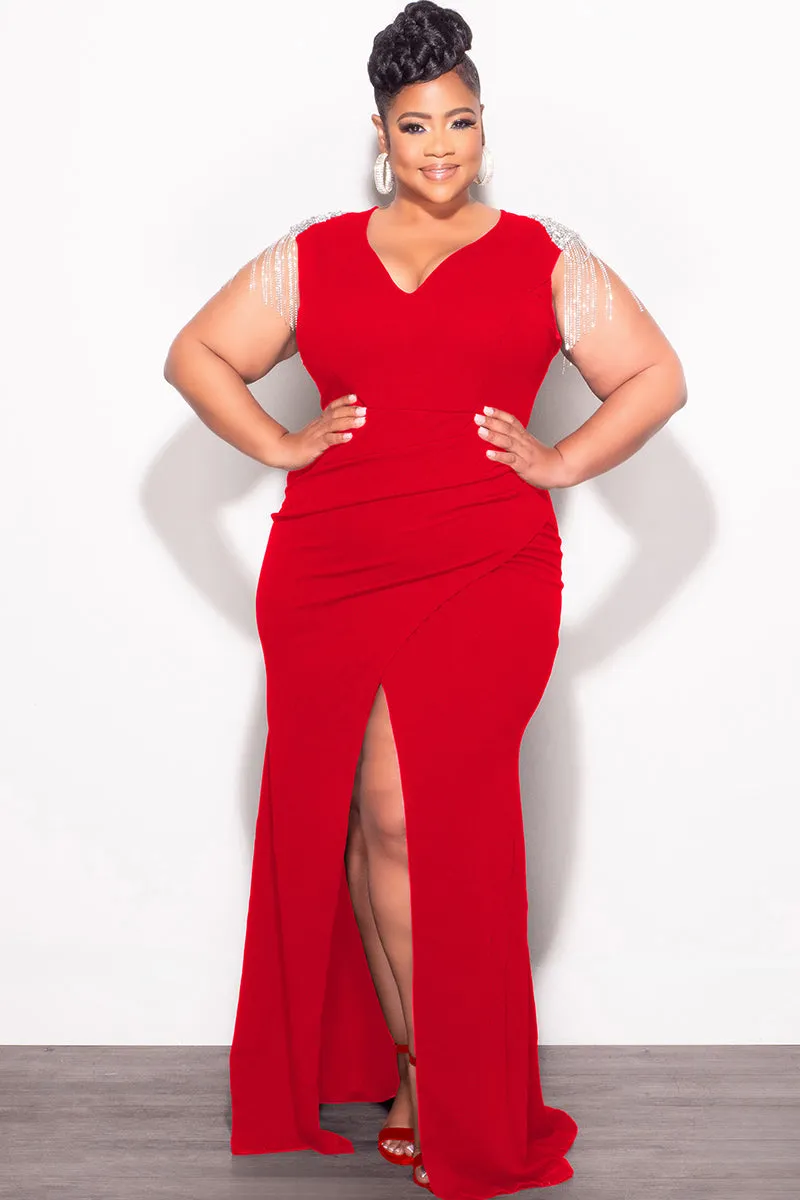 Final Sale Plus Size Deep V Rhinestone Fringe Shoulder With Maxi Dress in Red Seamless Wear