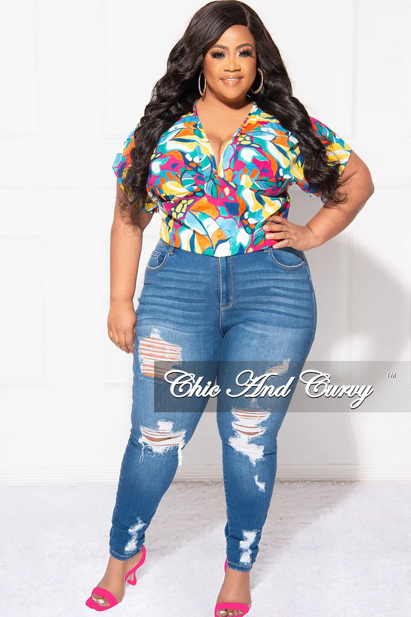 Flattering Comfort Water Repellent Final Sale Plus Size Deep V Top in Multi Color Design Print