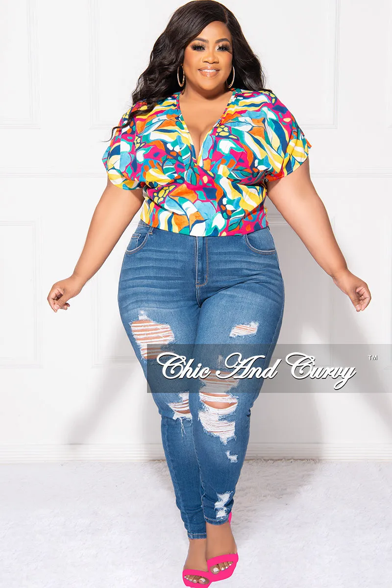 Final Sale Plus Size Deep V Top in Multi Color Design Print Chilly Wear Sleek Look