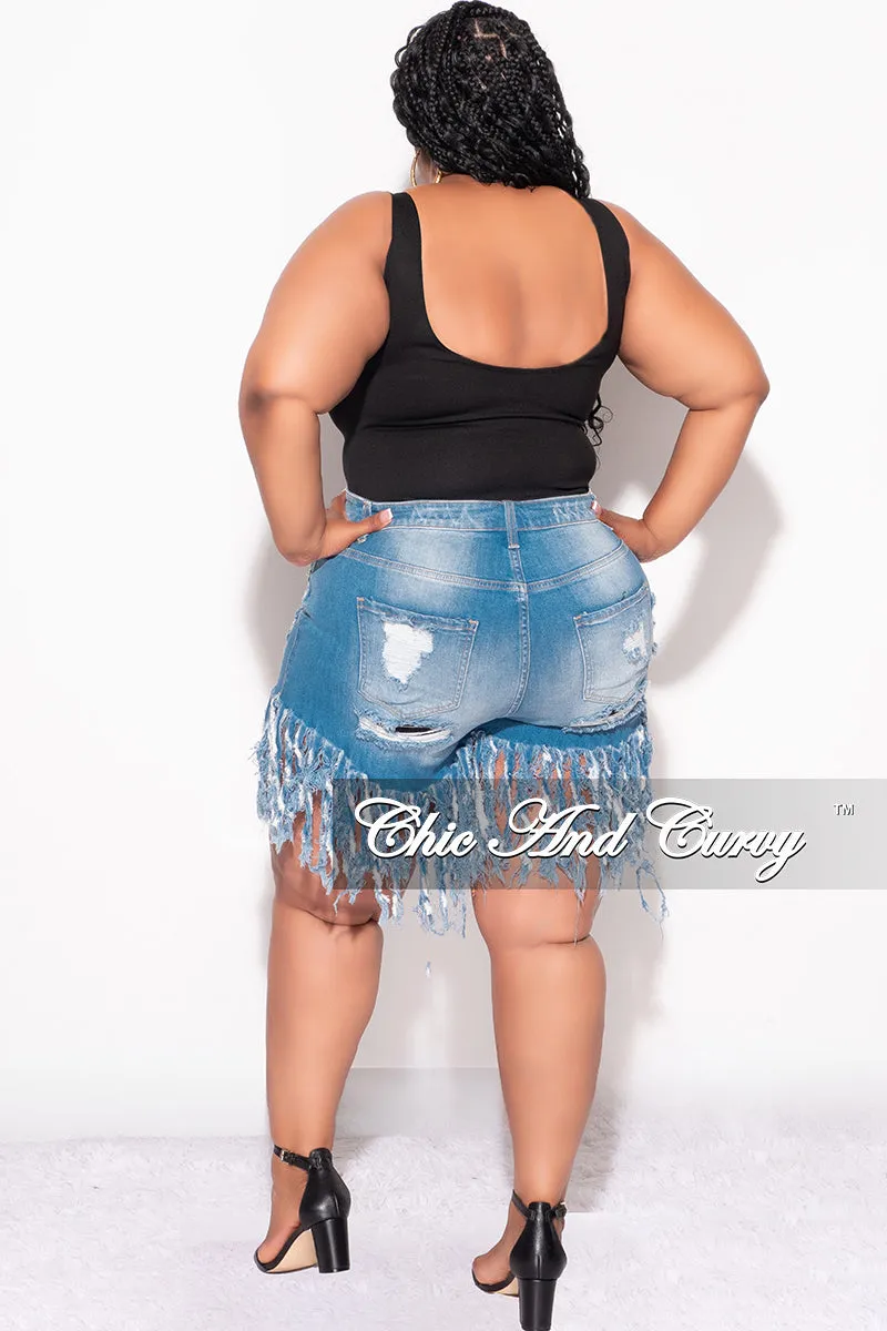 Flexible Material Final Sale Plus Size Denim Fringe Distressed Shorts