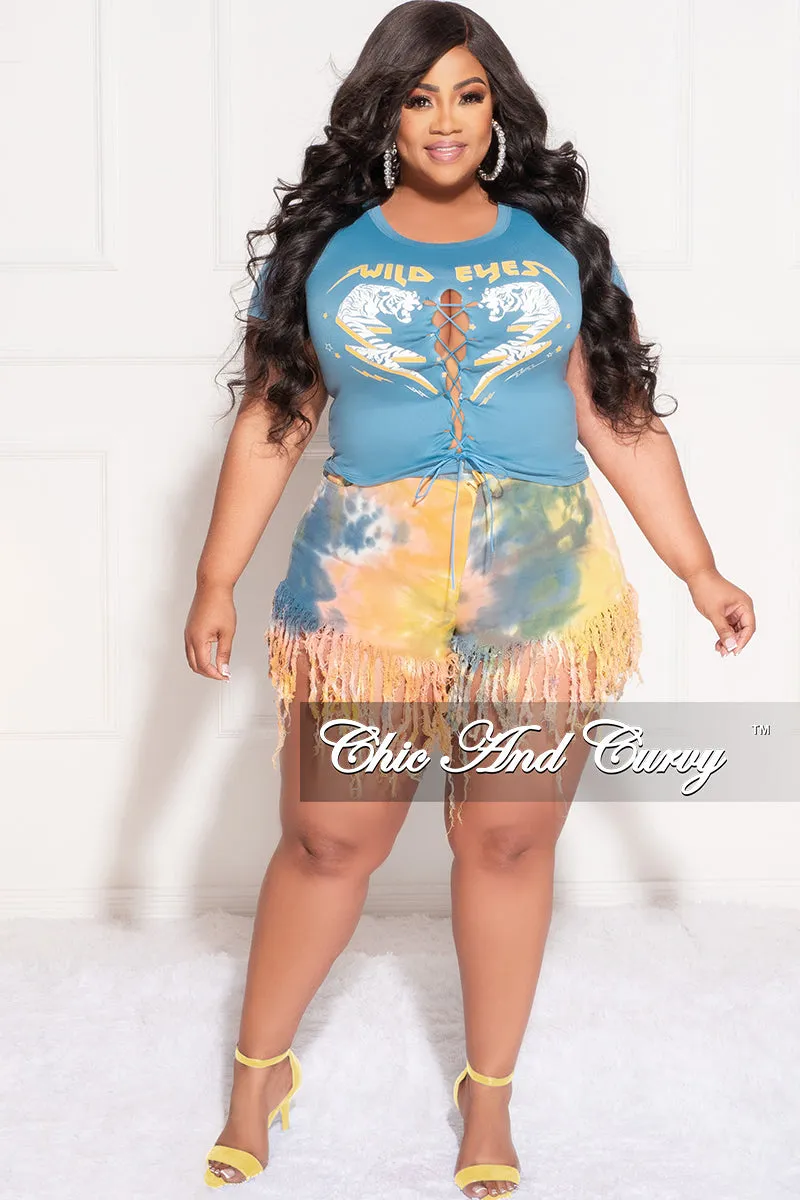 Weekend Comfort Final Sale Plus Size Denim Fringe Shorts in Multi Color Tie Dye Print