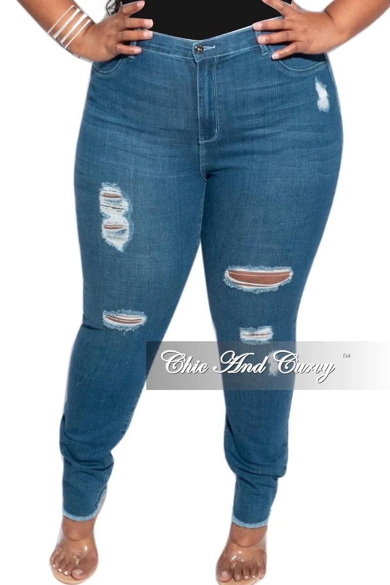 Final Sale Plus Size Denim Jeans with Light Distressing in Medium Denim Blue tech fabric