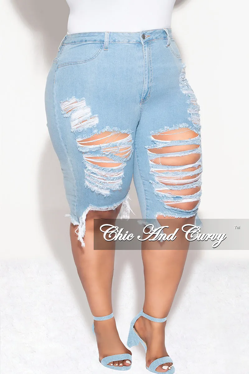 Final Sale Plus Size Distressed Bermuda Shorts in Light Denim Stretchable Design Flattering Shape