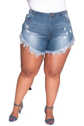 Final Sale Plus Size Distressed Fringe Short in Denim Smooth Texture StretchWaistband