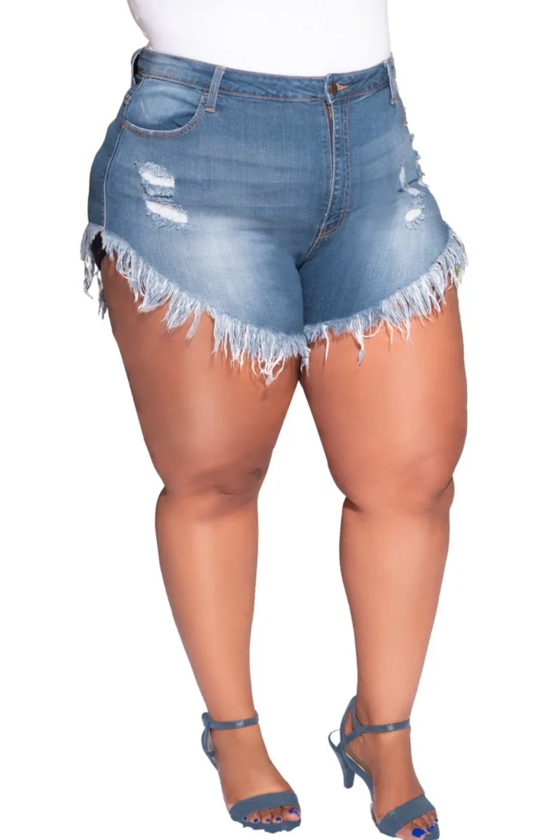 Final Sale Plus Size Distressed Fringe Short in Denim Breathable Weave Fabric Breathable Style