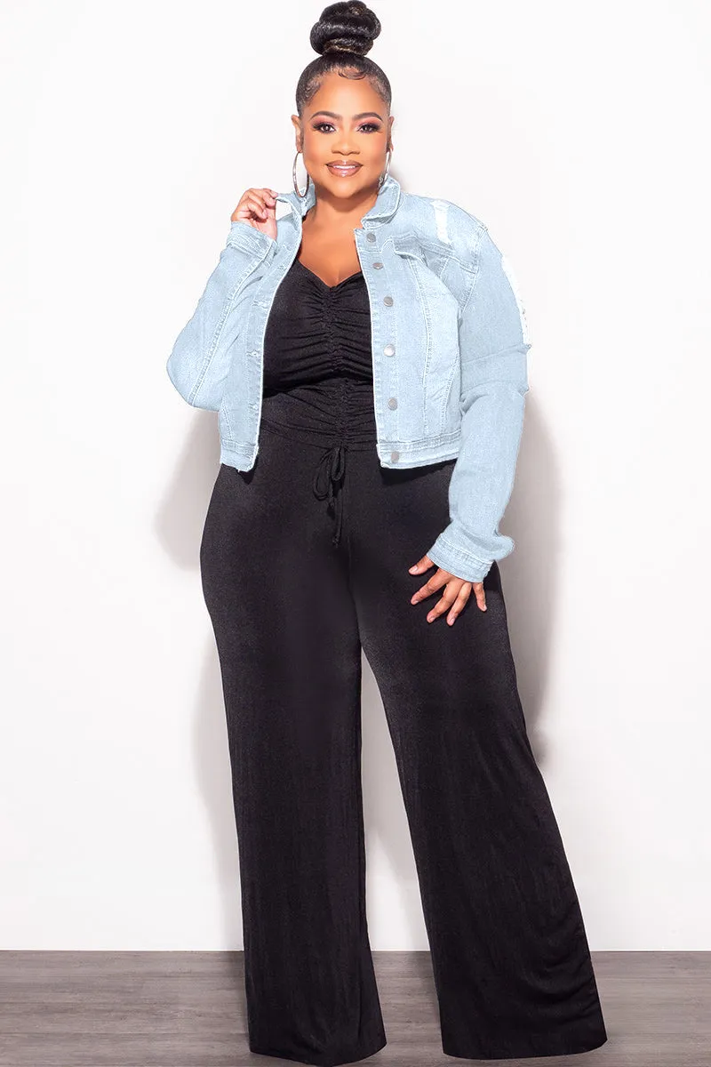 Comfortable Leg Embroidered Detail Final Sale Plus Size Distressed Jacket in Light Blue