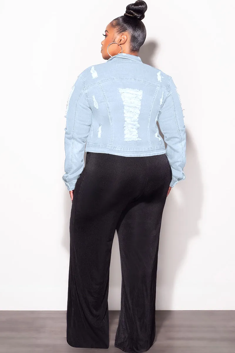 Final Sale Plus Size Distressed Jacket in Light Blue Flexible Fit RecyclablePackaging
