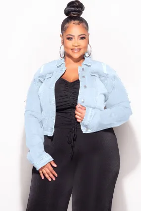 Final Sale Plus Size Distressed Jacket in Light Blue Comfortable Fit Look StretchWaistband
