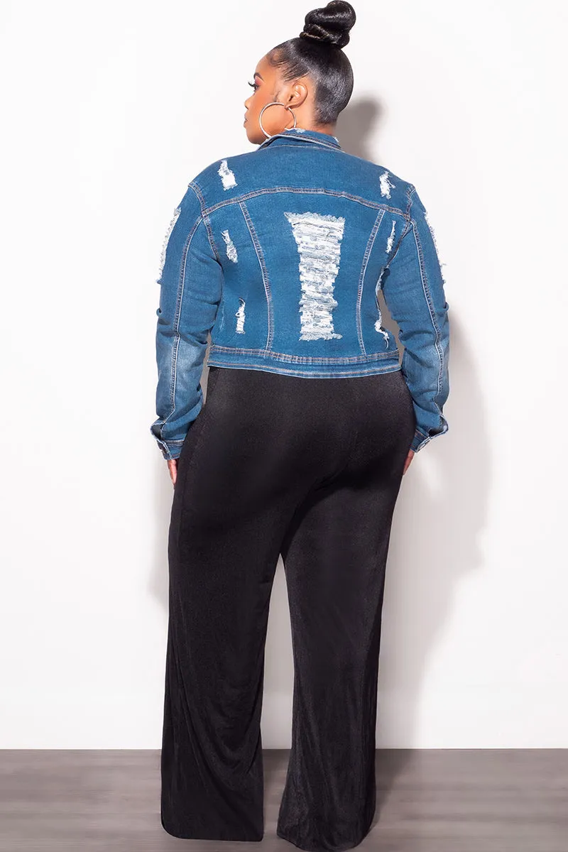 Travel Ready Fit Final Sale Plus Size Distressed Jacket in Medium Blue