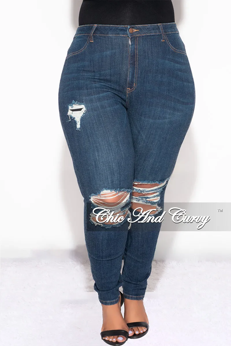 Eco Friendly Dyeing Final Sale Plus Size Distressed Jeans in Dark Blue