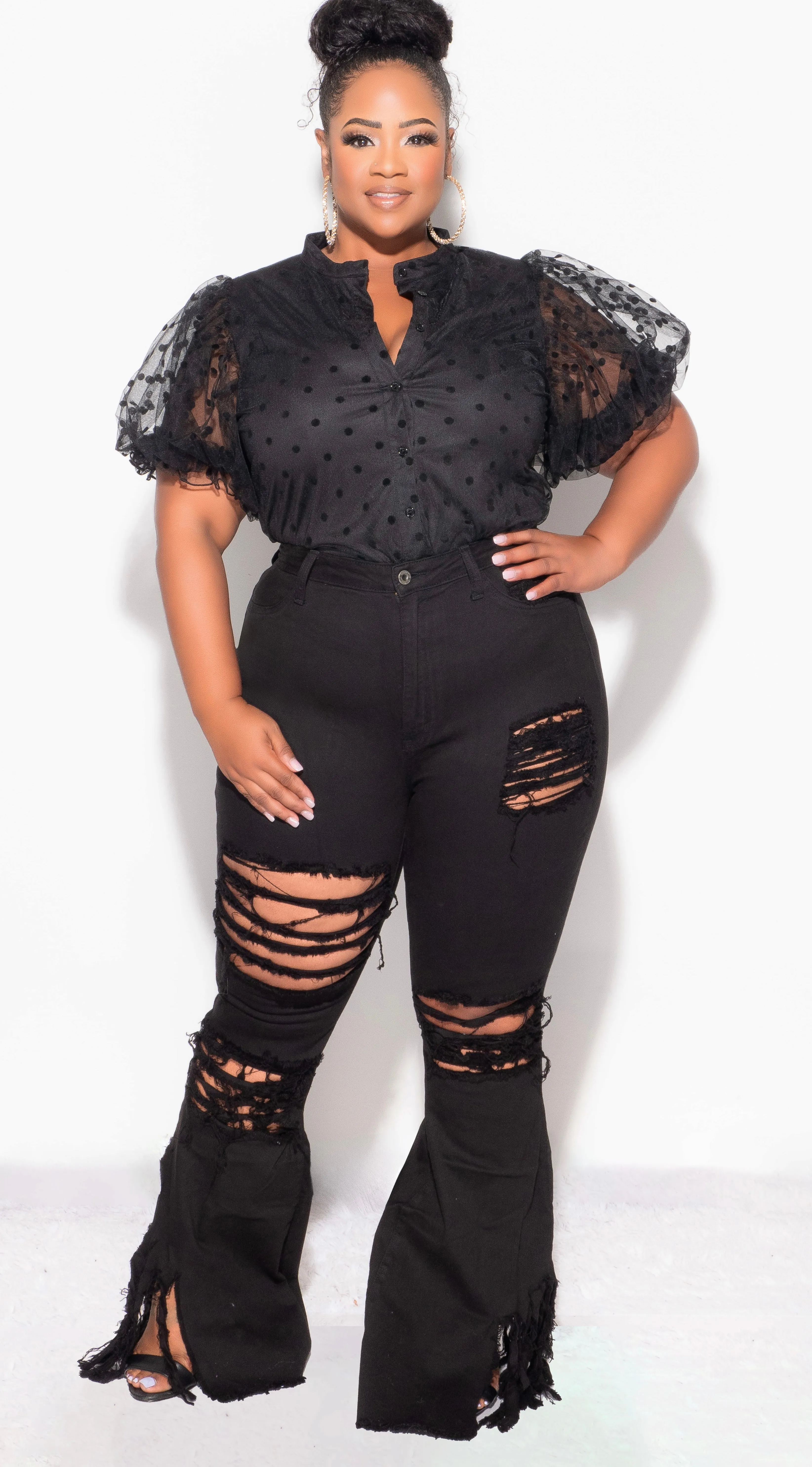 Final Sale Plus Size Distressed Wide Leg Denim Jeans in Black Chill Comfort