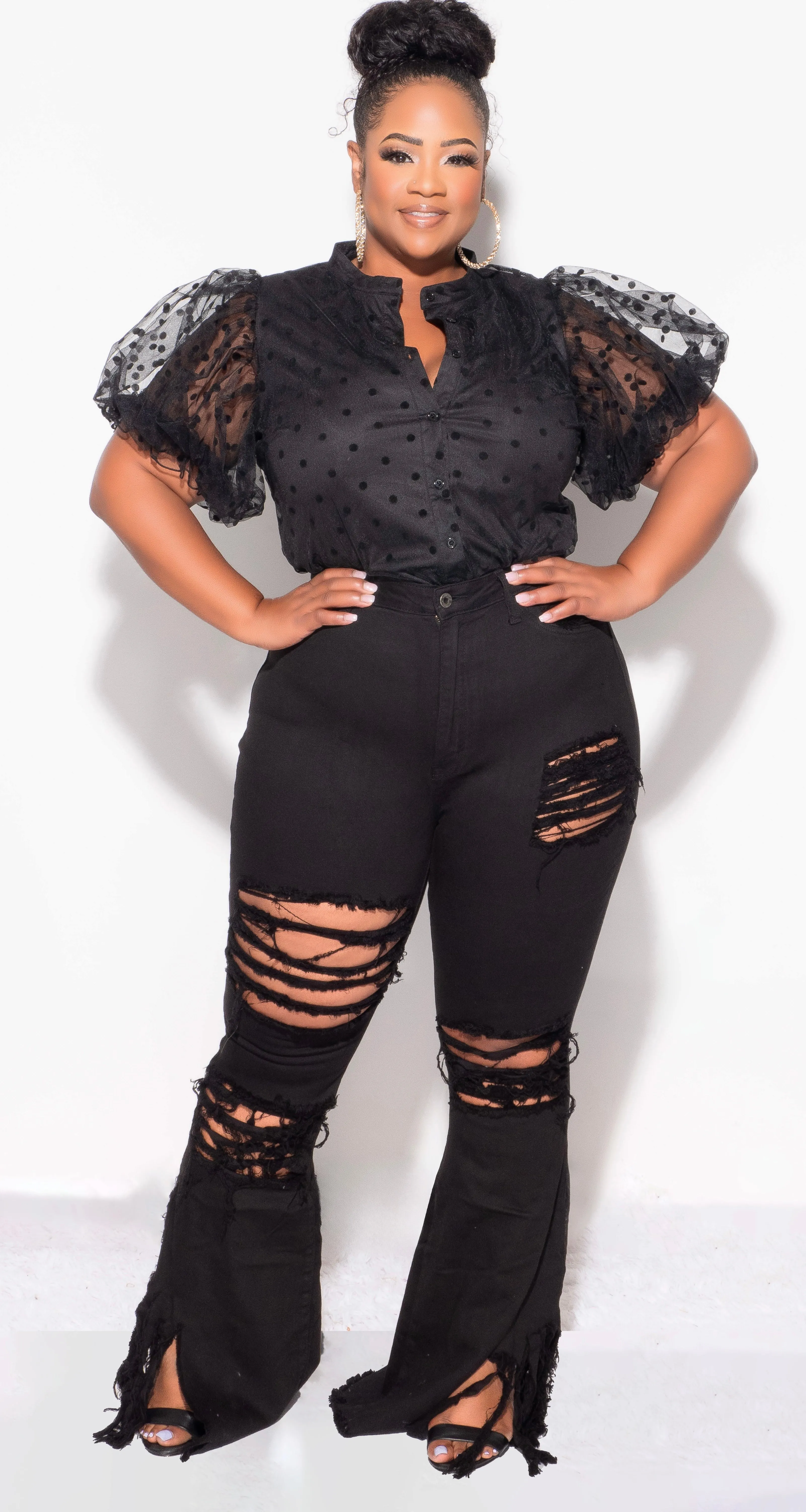 Final Sale Plus Size Distressed Wide Leg Denim Jeans in Black StaticResistantMaterial
