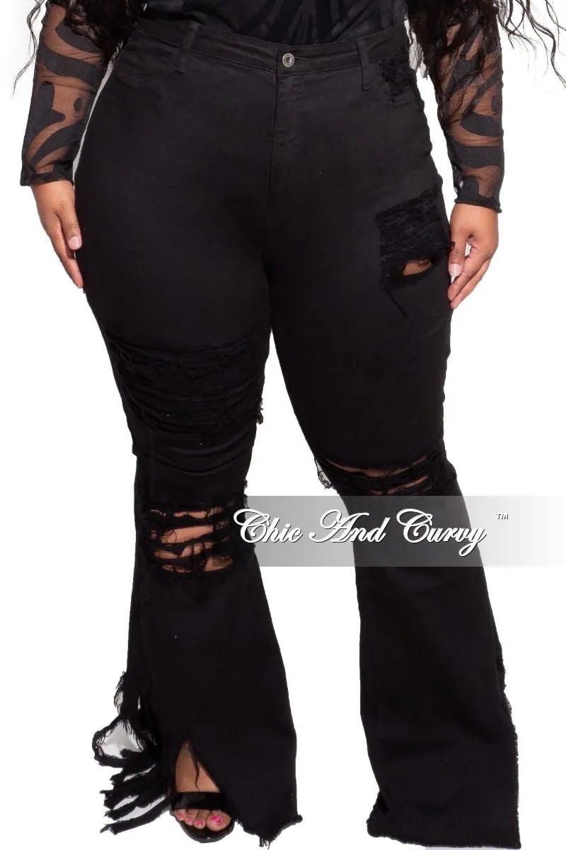 Final Sale Plus Size Distressed Wide Leg Denim Jeans in Black Casual Stretch Wear