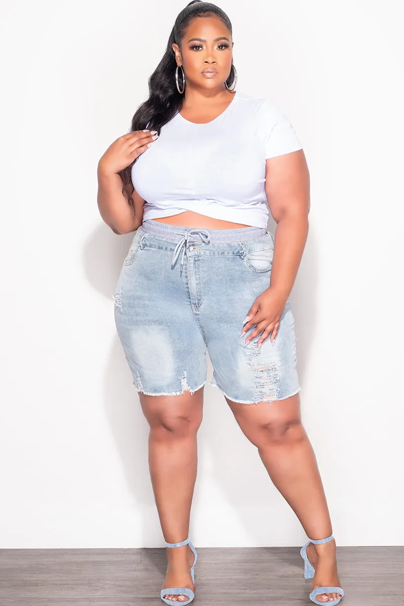 Final Sale Plus Size Double Waist Shorts in Denim and Grey Stretch Motion