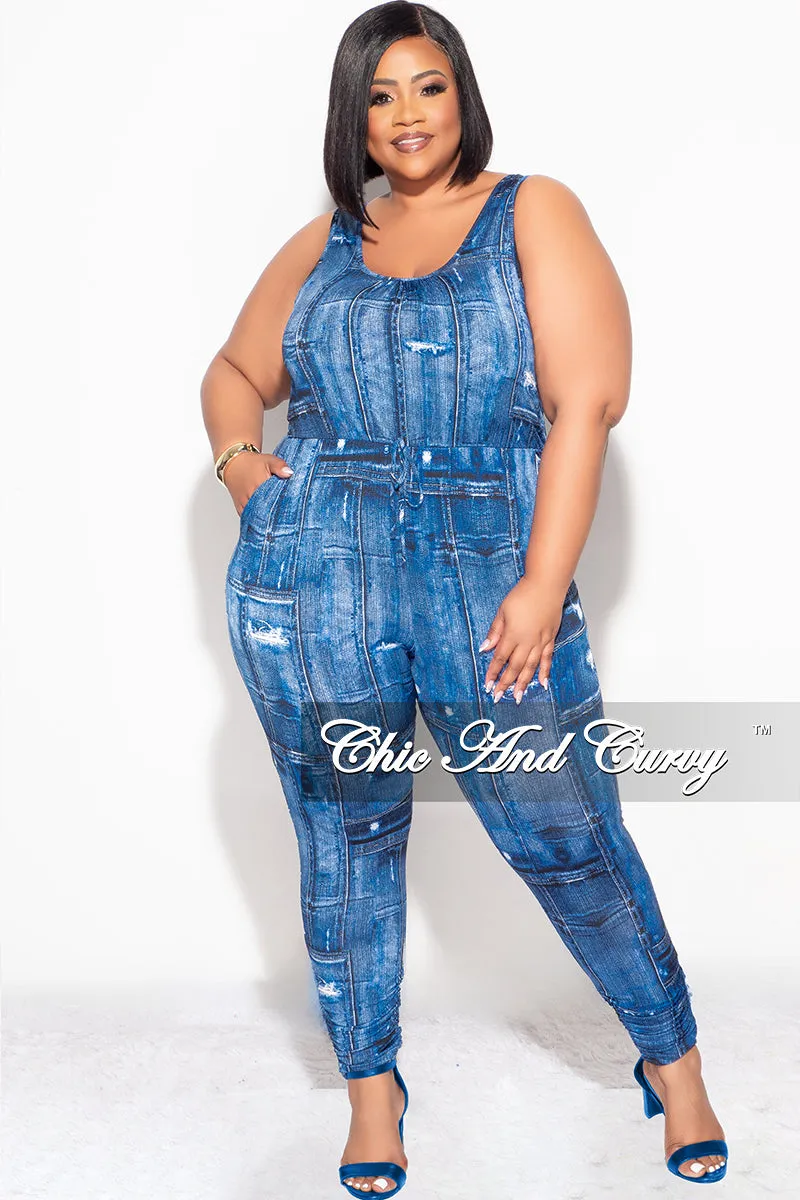 Final Sale Plus Size Drawstring Keyhole Jumpsuit in Denim Print Quick Cool Multi Pocket System