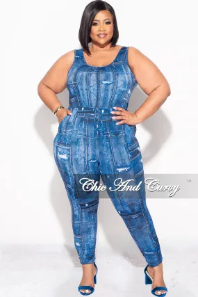 Minimal Bulk Comfort Cushioning Final Sale Plus Size Drawstring Keyhole Jumpsuit in Denim Print