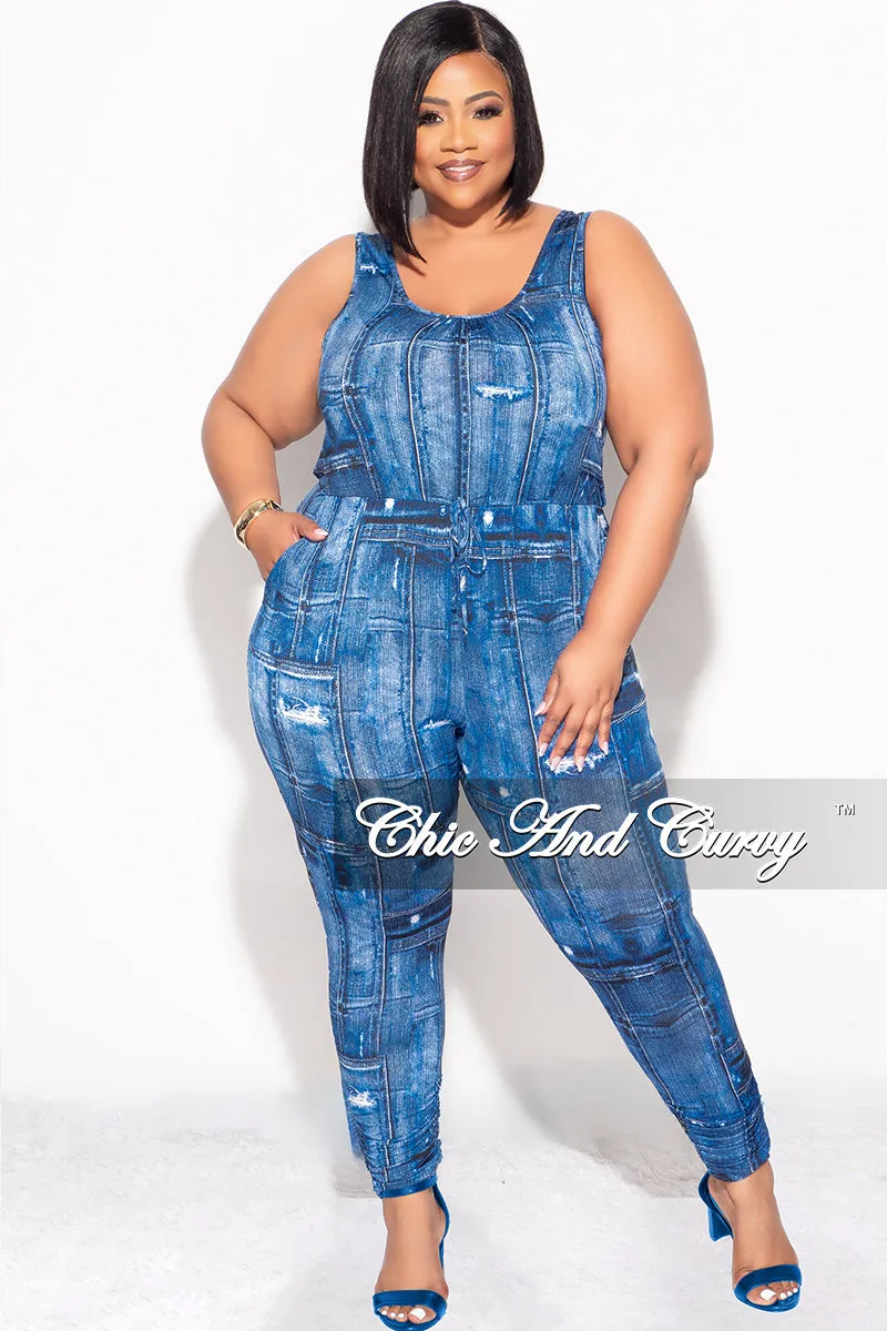 Final Sale Plus Size Drawstring Keyhole Jumpsuit in Denim Print Comfy Shape