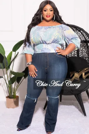 Final Sale Plus Size Drawstring Off the Shoulder Top in Soft Turquoise Leaf Print Anti Snag Threading