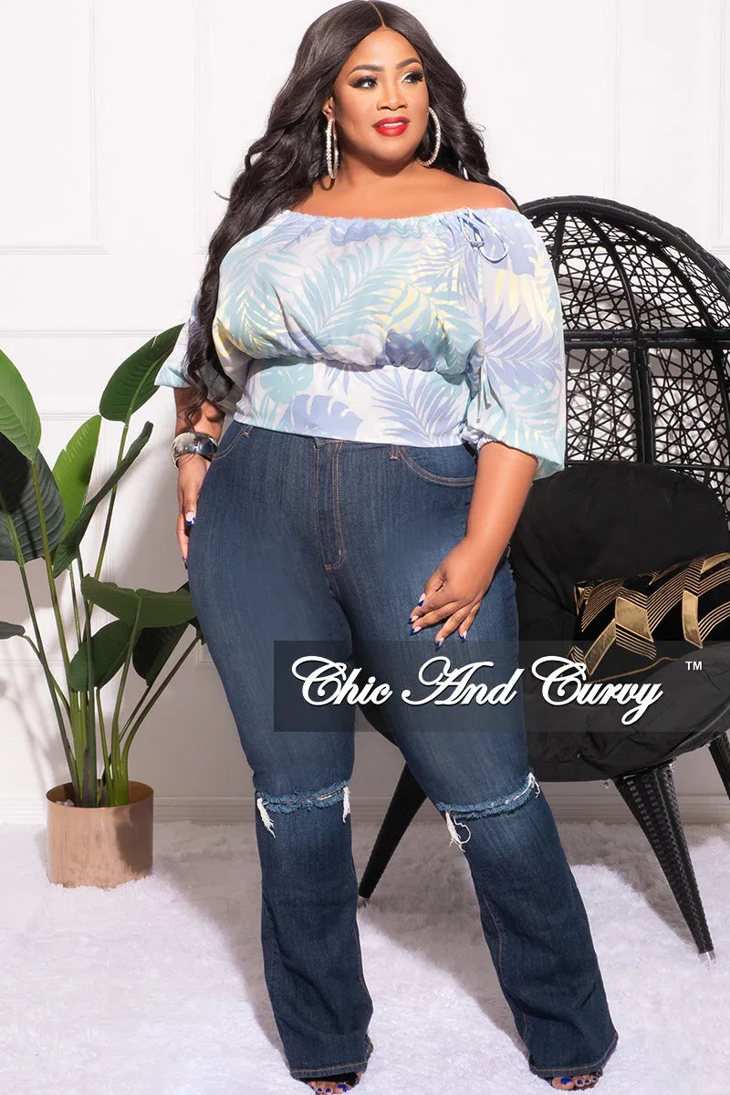 Final Sale Plus Size Drawstring Off the Shoulder Top in Soft Turquoise Leaf Print Sleek Look Ripstop Fabric Technology