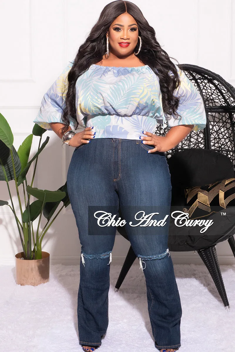 Active Motion Final Sale Plus Size Drawstring Off the Shoulder Top in Soft Turquoise Leaf Print