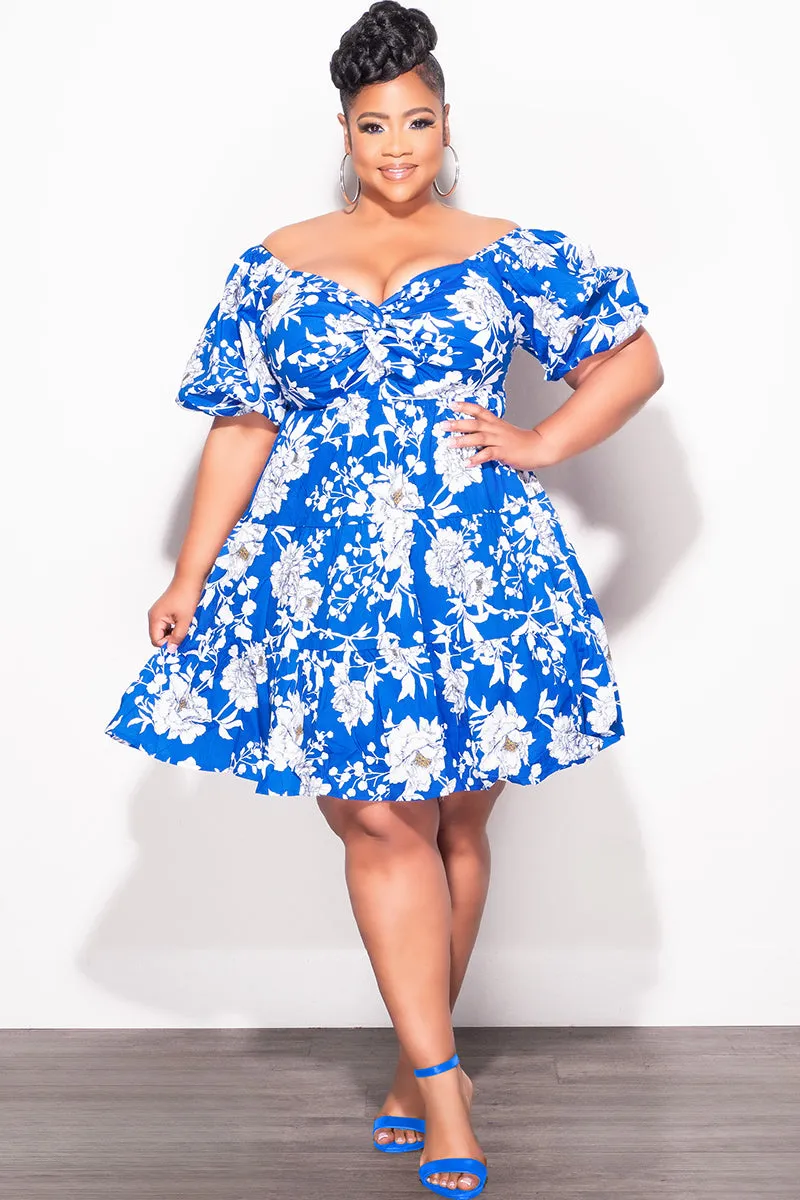 Elastic Fit Final Sale Plus Size Dress in Royal Blue & White Design Print