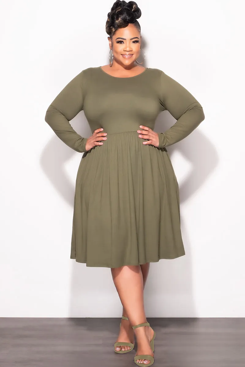 Day Wear Final Sale Plus Size Dress with Pockets in Olive Green