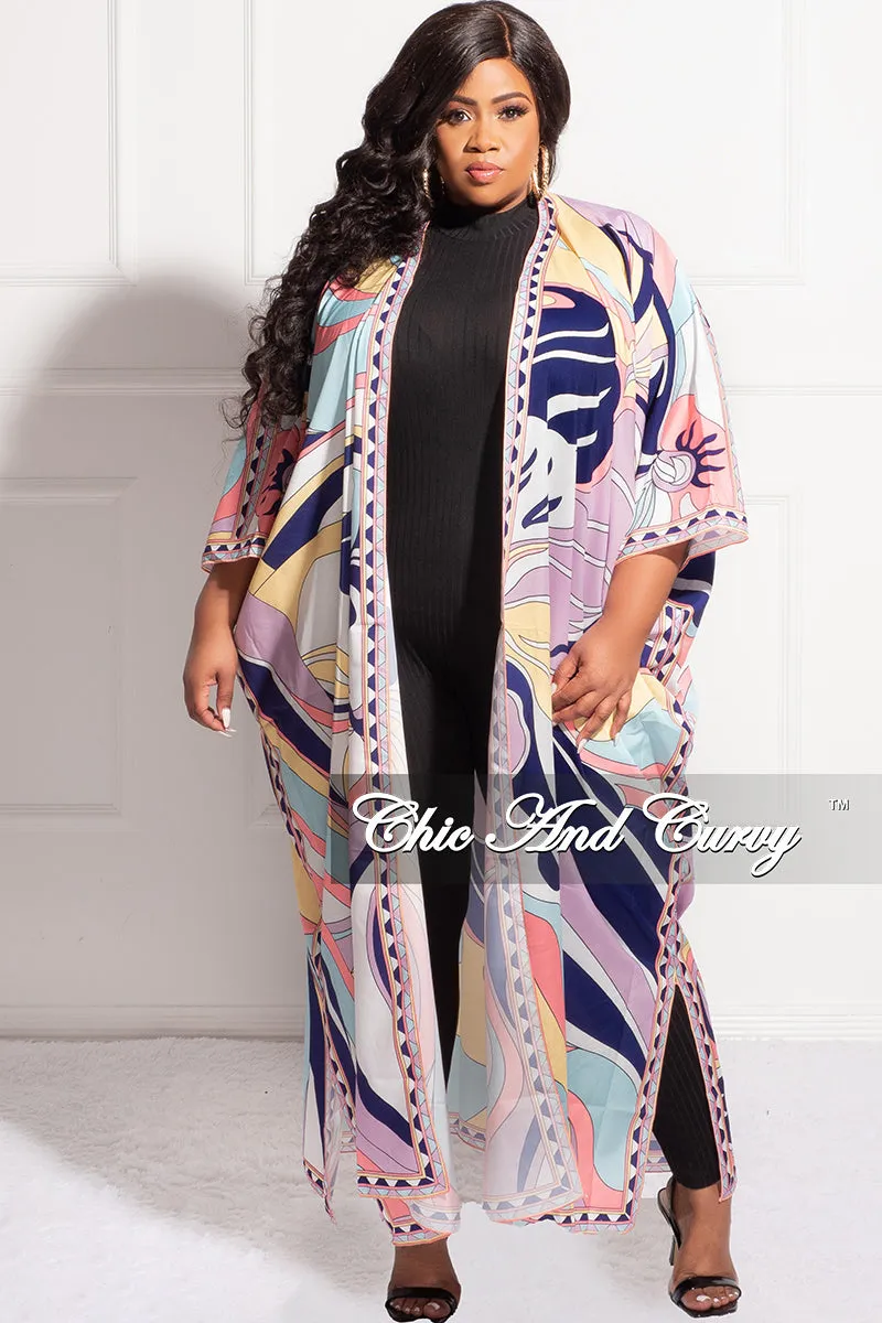 Final Sale Plus Size Duster In Lavender Multi Color Design Print Functional Design Body Fit