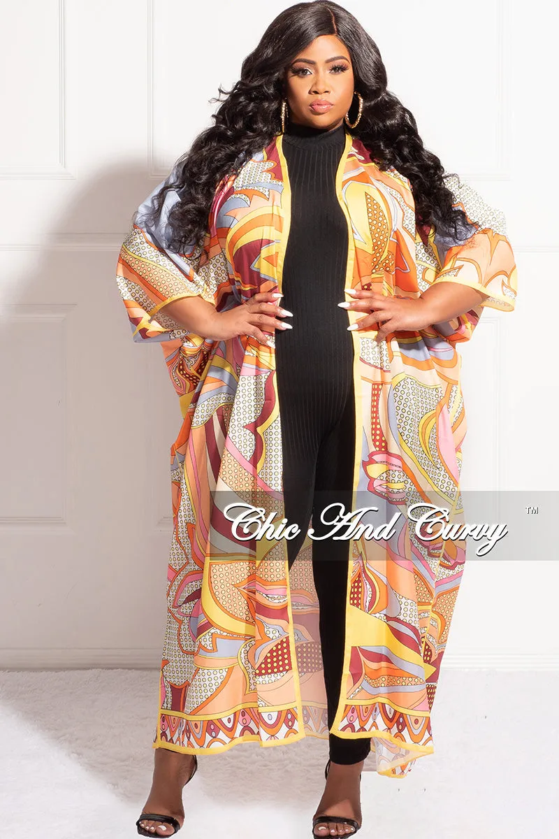 Final Sale Plus Size Duster In Orange Multi Color Design Print Water resistant coating