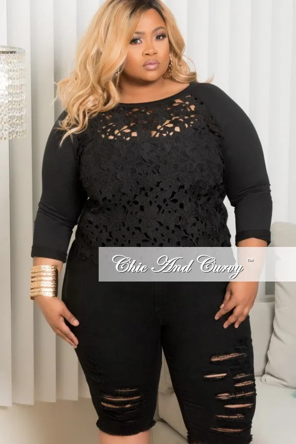 Final Sale Plus Size Embroidered Lace Front Top in Black TearResistantMaterial Trendy Waist