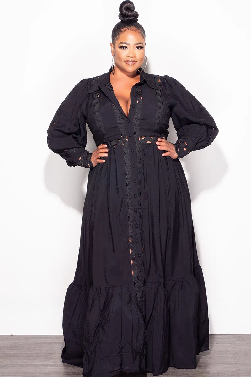 Final Sale Plus Size Eyelet Maxi  Dress in Black Comfy Active Casual Comfort Look