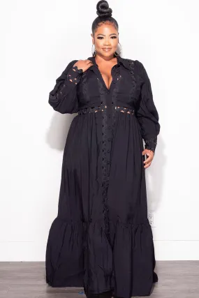 Stain Resistant Ultra Stretch Final Sale Plus Size Eyelet Maxi  Dress in Black