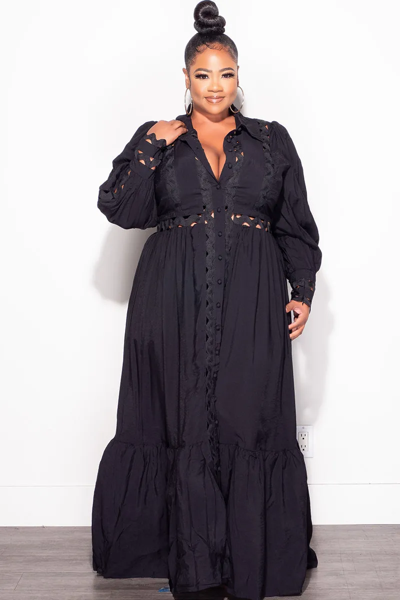 Stain Resistant Ultra Stretch Final Sale Plus Size Eyelet Maxi  Dress in Black