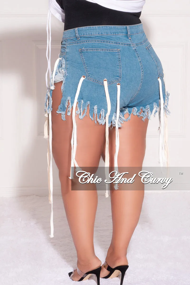 Timeless Style Reflective details Final Sale Plus Size Eyelet Rope Shoe Lace Up Fringe Shorts in Blue Denim