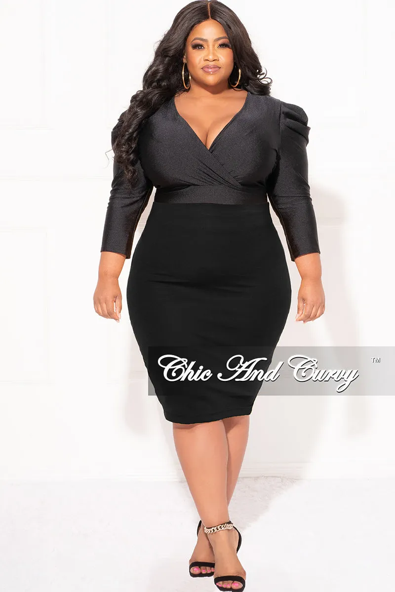 Thermal Insulation Layer Final Sale Plus Size Faux Bodysuit with Ruched Sleeves in Black