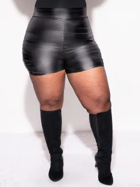 Chilly Day Wear Final Sale Plus Size Faux Leather Black Shorts with Ruched Sides in Black