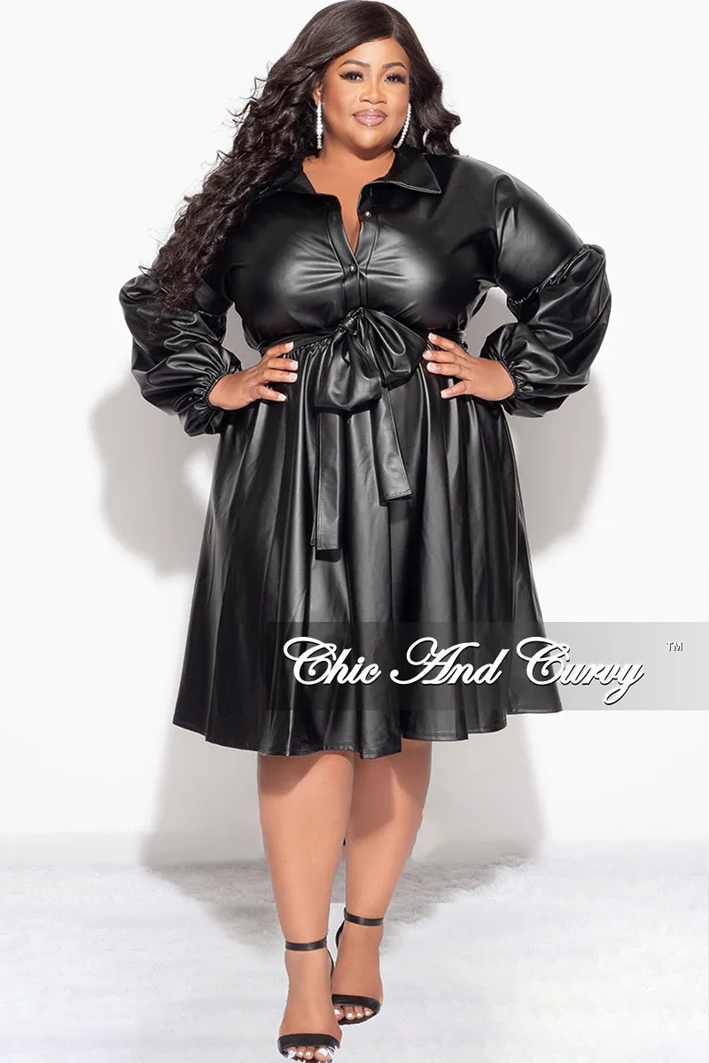 Sporty Layers Final Sale Plus Size Faux Leather Collar Dress with Tie in Black