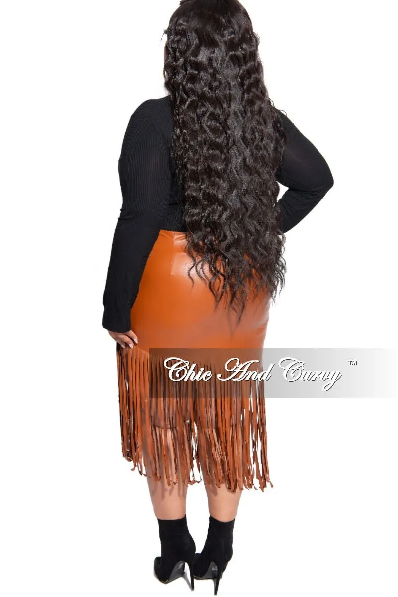 Cozy Fit Final Sale Plus Size Faux Leather Fringe Skirt in Cognac