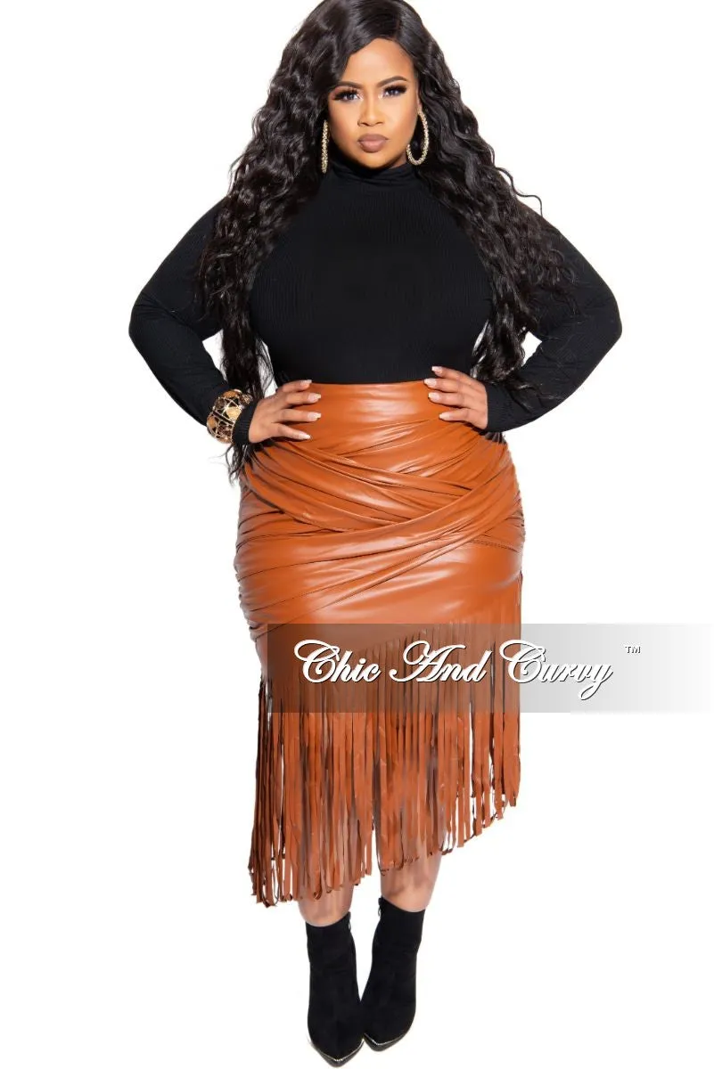 SlimFit Final Sale Plus Size Faux Leather Fringe Skirt in Cognac