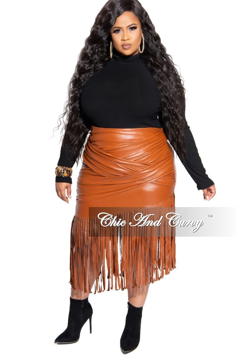 Final Sale Plus Size Faux Leather Fringe Skirt in Cognac Comfort Design Quick Comfort Fit