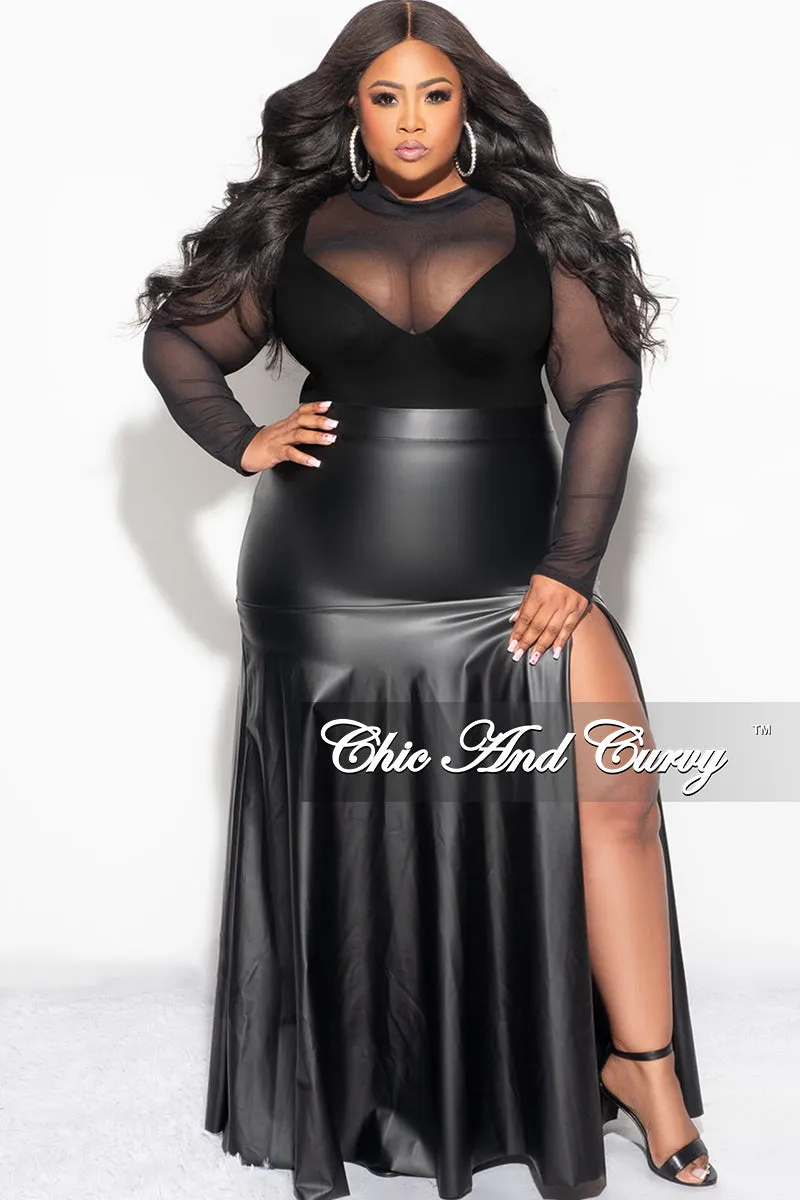 Final Sale Plus Size Faux Leather Maxi Skirt with Front High Slit in Black Soft Performance Wrinkle resistant fabric