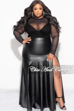 Final Sale Plus Size Faux Leather Maxi Skirt with Front High Slit in Black Soft Performance Wrinkle resistant fabric