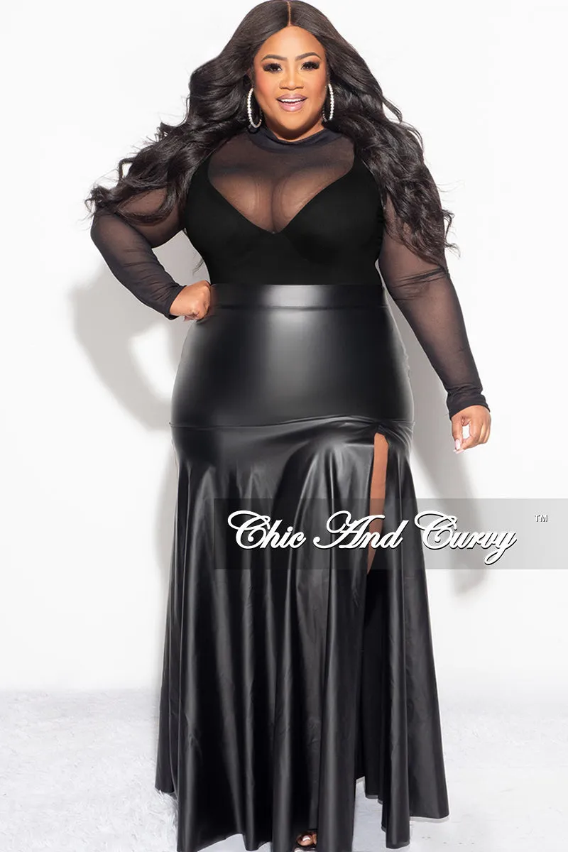 Movement Support Final Sale Plus Size Faux Leather Maxi Skirt with Front High Slit in Black