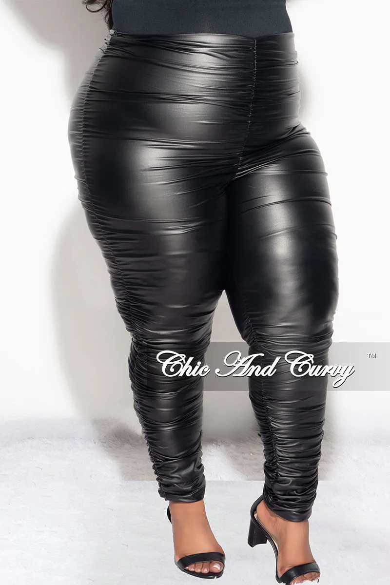 Trendy Design Base Layer Final Sale Plus Size Faux Leather Ruched Legging Pants in Black