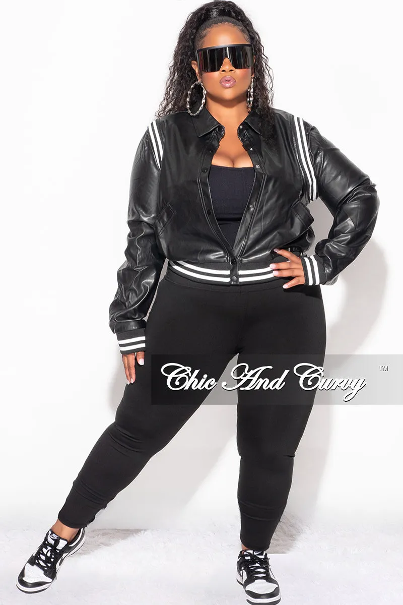 Quality Fabric Final Sale Plus Size Faux Leather Varsity Jacket in Black and White