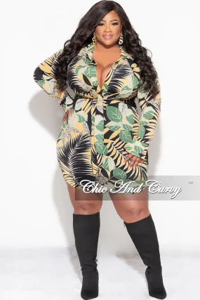 Final Sale Plus Size Faux Wrap BodyCon Dress in Mustard Black and Olive Palm Print FlexibleStretchWeave