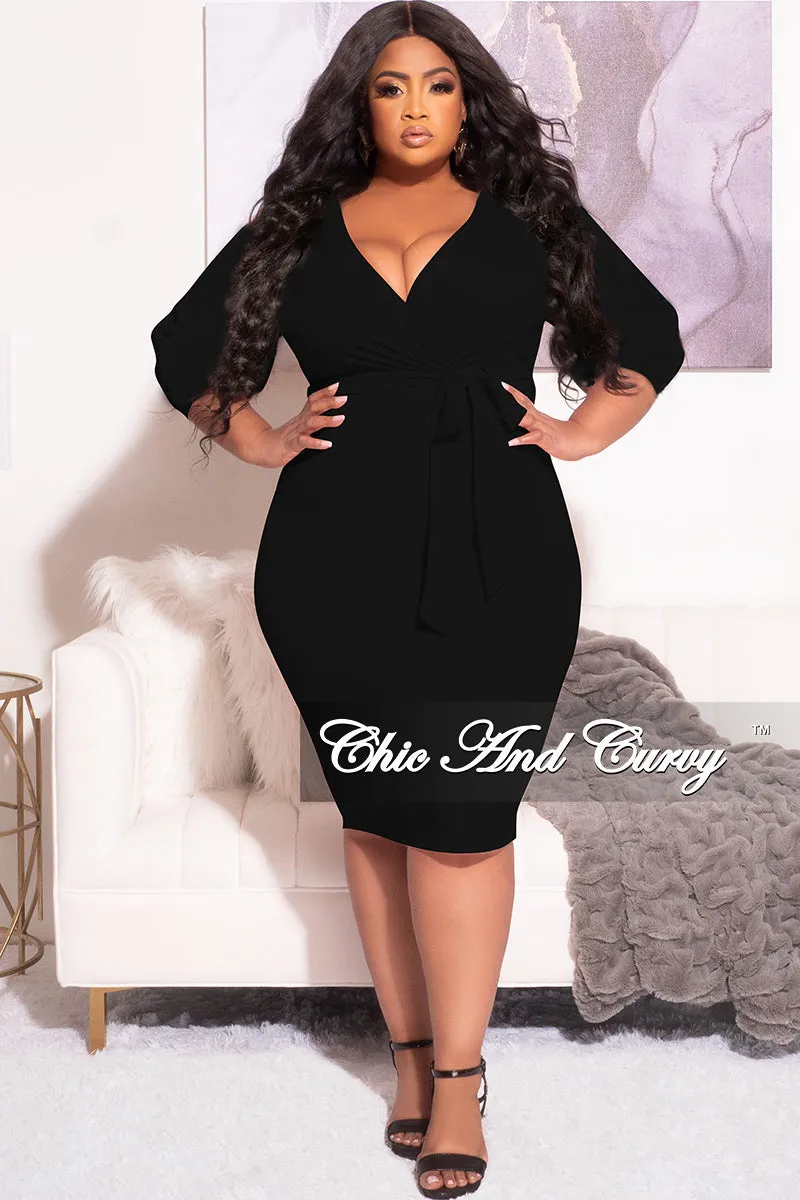 Thermal regulation Final Sale Plus Size Faux Wrap BodyCon Dress with Waist Tie in Black