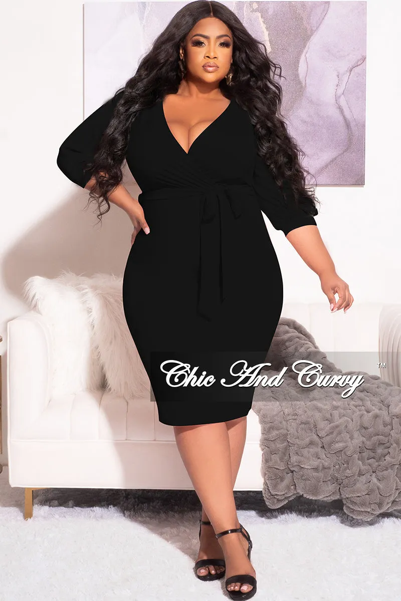Final Sale Plus Size Faux Wrap BodyCon Dress with Waist Tie in Black Minimal Fit Flexible Use